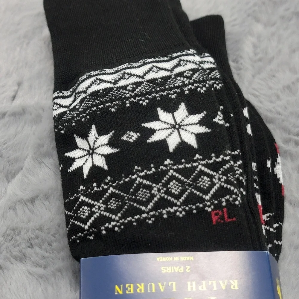 Polo Ralph Lauren Socks Mens 10-13 Black Fair Isle Snowflake‎ 2 Pack Mid Calf
